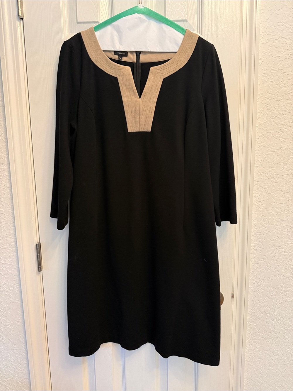 Talbots Black Shift Dress with Tan Neck Trim